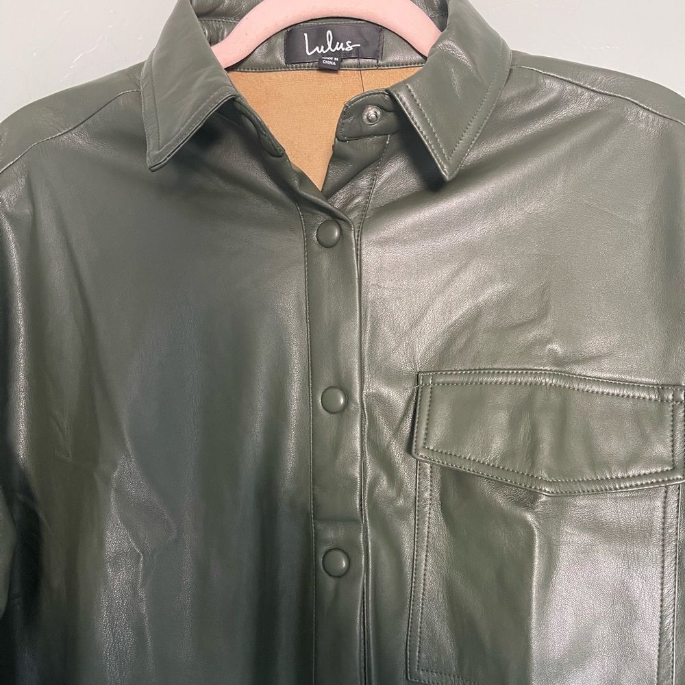 Lulus Vegan Leather Button-Up Oversized Shacket Army Green, XS - Picture 4 of 6